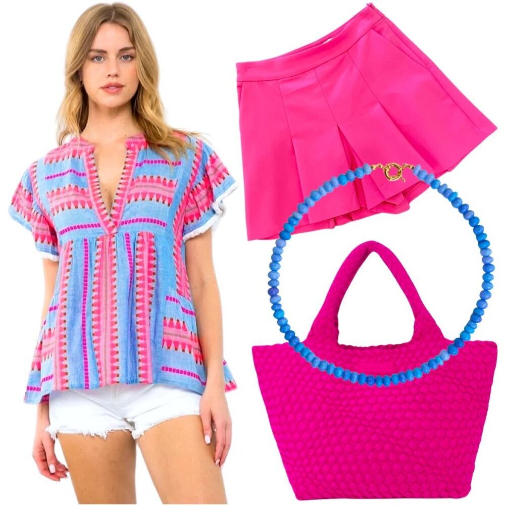 THML Boho Denim Chambray Flutter Sleeve Embroidered Top